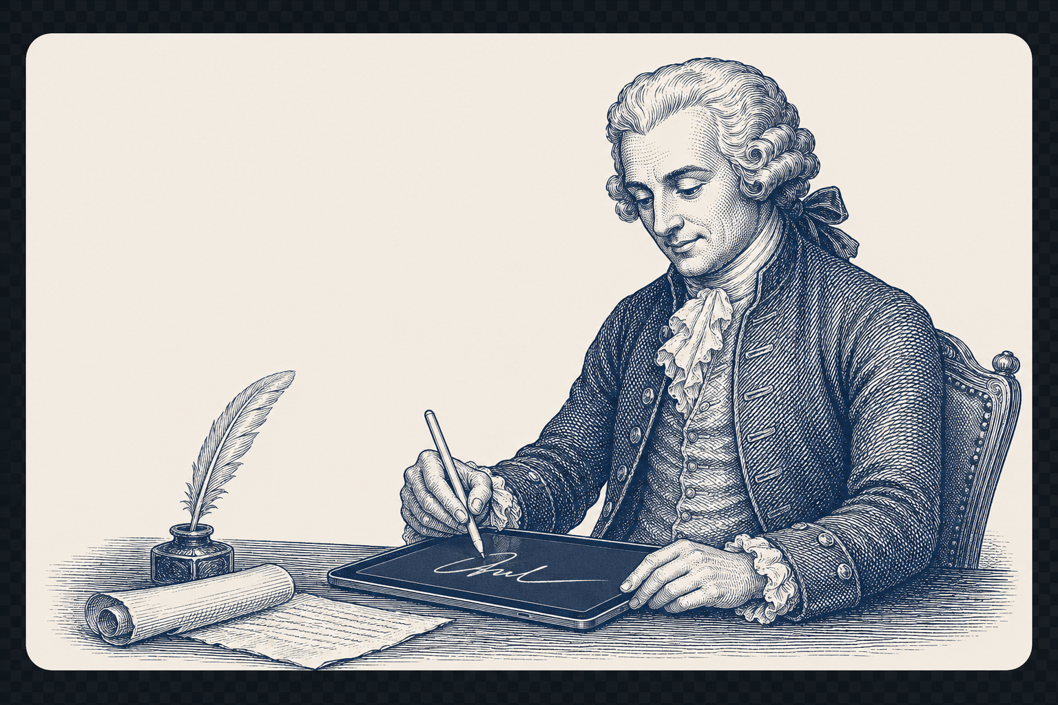 Illustration of a historical figure signing on a tablet, in banknote-style engraving