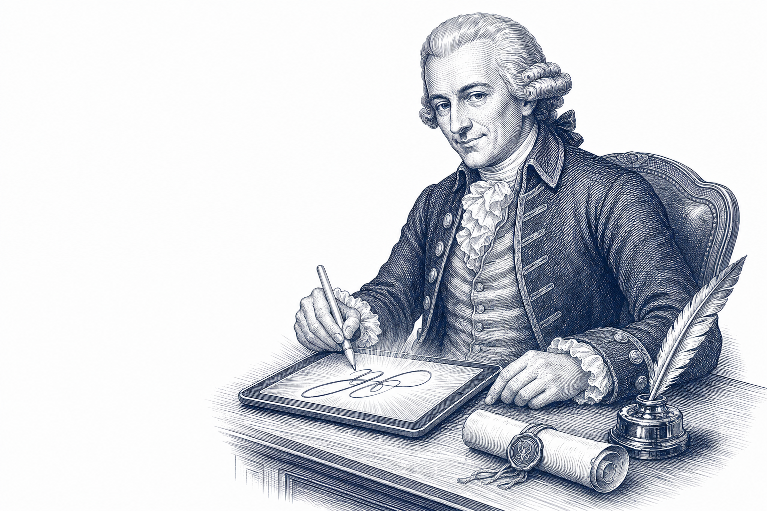 Illustration of a historical figure signing on a tablet, in banknote-style engraving